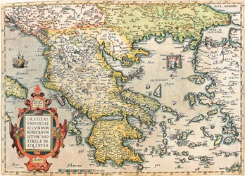 Graeciae Universae Secundum Hodiernum Neoterica Descriptio Mapa geográfico do território da Grécia com o Peloponeso e as ilhas retiradas do "Theatrum Orbis Terrarum" por Abraham Ortelius (Oertel, Ortell ou Ortel
