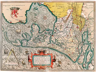 Hollandiae antiquorum catthorum sedis nova descriptio, auctore lacobo a daventria Mapa geográfico do território da Holanda com as cidades de Amesterdão e Haarlem... retirado do "Theatrum Orbis Terrarum" de Abraham Ortelius (Oertel, Ortell ou Orte
