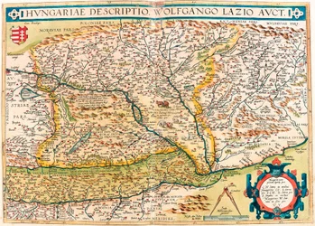 Descriptio húngaro, Wolfgango Lazio Auct. Mapa geográfico do território da Hungria do "Theatrum Orbis Terrarum" de Abraham Ortelius (Oertel, Ortell ou Ortel