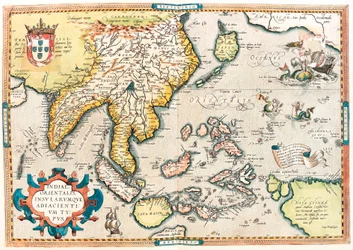 Indiae Orientalis Insularumque Adiacientium Typus. Mapa geográfico da Índia Oriental e do Sudeste Asiático do "Theatrum Orbis Terrarum" de Abraham Ortelius (Oertel, Ortell ou Ortel