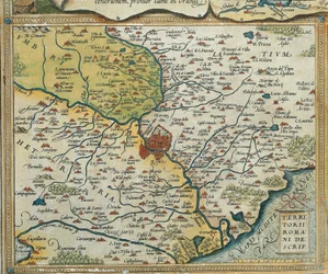 Mapa da região do Lácio, do Theatrum Orbis Terrarum, de Abraham Ortelius