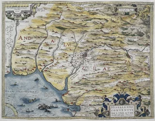 ORTELIUS, Abraham (1527-1598). Theatrum Orbis Terrarum. 1570. É considerado o primeiro atlas moderno. CHAVES, Jerónimo de (1523-1574). Matemático, astrónomo e navegador. Mapa da Andaluzia Ocidental. Baseado no mapa de Hieronimus Chiaves (Jerónimo d