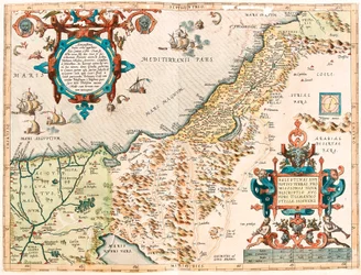 Palestina sive totius Terrae Promissionis Mapa geográfico do território da Palestina do "Theatrum Orbis Terrarum" de Abraham Ortelius (Oertel, Ortell ou Ortel)