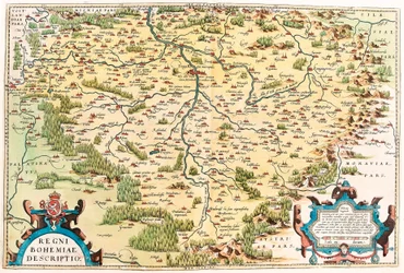 Regni Bohemiae Descriptio Mapa geográfico do território de Boheme do "Theatrum Orbis Terrarum" de Abraham Ortelius (Oertel, Ortell ou Ortel)