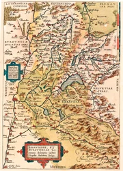 Sabaudia et Burgundiae Comitus descrição Mapa geográfico do território da Borgonha e Sabóia (Pontarlier, Dijon, Lac Leman e Suíça) de "Theatrum Orbis Terrarum" de Abraham Ortelius (Oertel, Ortell ou Ortel