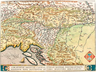 Schlavoniae, Croatiae, Carniae, Istriae, Bosniae, Finitimarumque Regionum Nova Descriptio, Auctore Augustino Hirsuogelio Mapa geográfico dos territórios da Eslavónia, Croácia, Bósnia e Dalmácia do "Theatrum Orbis Terrarum" de Abraham Ortelius (Oertel,