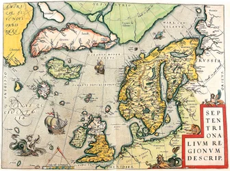 Septentrionalium Regionum Descrip. Mapa geográfico da Escandinávia e do Norte da Europa do "Theatrum Orbis Terrarum" de Abraham Ortelius (Oertel, Ortell ou Ortel