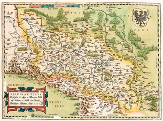 Silesia Typus Descriptio e Descriptus et editus Martino Heilwid Neilsense, e Nobili viro Nicolao Rhedinger dedicatus Anno 1561 Mapa geográfico do território a sul de Frankfurt na Alemanha perto da Polónia a partir do "Theatrum Orbis Terrarum" de Abraham Or