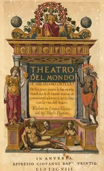 Theatrum orbis terrarum, de Abraham Ortelius (1527-1598), página de título da edição italiana traduzida por Filippo Pigafetta, Antuérpia, Giovani Battista Urintio edition