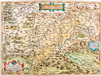 Mapa Geográfico da Transilvânia do território da Transilvânia (Transilvânia) do "Theatrum Orbis Terrarum" de Abraham Ortelius (Oertel, Ortell ou Ortel)