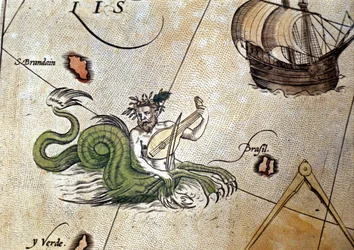 Tritão tocando alaúde perto da ilha de Saint Brendan (Brandan). "Theatrum Orbis Terrarum" de Abrahm Ortelius, Antuérpia 1584.