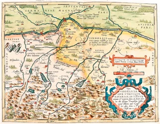 Typus Vindeliciae Ssive Utriusque Bavariae: Secundum antiquam & recentiorum situm, ab Joanne Aventino olim descriptus... Mapa geográfico do território de Baviere na Alemanha do "Theatrum Orbis Terrarum" de Abraham Ortelius (Oertel, Ortell ou Ortel)