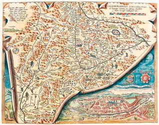Urbis Salisburgensis genuina descriptio Geography map of the territory of Salsburg in Austria from "Theatrum Orbis Terrarum" by Abraham Ortelius (Oertel, Ortell ou Ortel