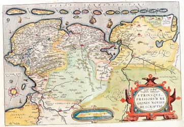 Utriusque Frisiorum regionis noviss. descriptio Mapa geográfico do território da Holanda com as cidades de Groningen (Groeningen) e Leeuwarden... retirado do "Theatrum Orbis Terrarum" de Abraham Ortelius (Oertel, Ortell ou Ortel