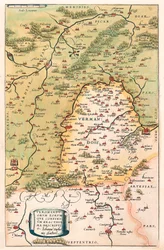 Veromanuorum Eorum que Confinium Accurssima Descrição Mapa geográfico do território de Vermandois e da Picardia na Gália (França) do "Theatrum Orbis Terrarum" de Abraham Ortelius (Oertel, Ortell ou Ortel)