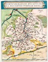 Wirtenbergensis Ducatus Vera descriptio, Tubingae edita 1558 Mapa geográfico do território alemão de Baden-Wuerttemberg (Baden Wuerttemberg) retirado do "Theatrum Orbis Terrarum" por Abraham Ortelius (Oertel, Ortell ou Ortel