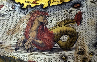 representação de um monstro marinho, cavalo, cavalo, cavalo, serpente marinha. Placa de uma edição do "Theatrum Orbis Terrarum" do cartógrafo Abraham Ortelius (1527-1598)