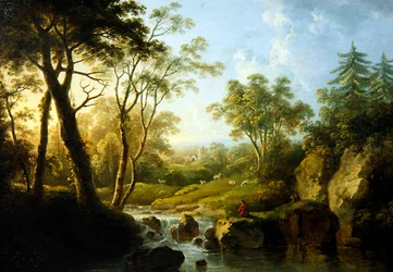Uma Paisagem arborizada com cascata (óleo sobre tela)