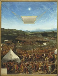 Caius Mucius Scaevola (524-480 avant JC) devant Porsena, roi de Clusium - Mucius Scaevola antes de Porsenna, de Schopfer, Abraham (ativo em meados do século 16). Óleo sobre madeira