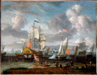 A.Storck, um inglês Iate saúda holandês. navio de guerra