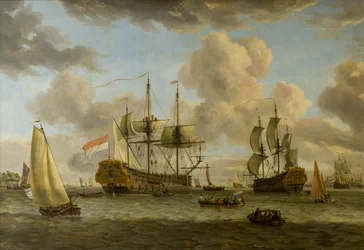 Uma cena de navegação holandesa com navios na foz do rio In, c.1664-1708 (óleo sobre tela)