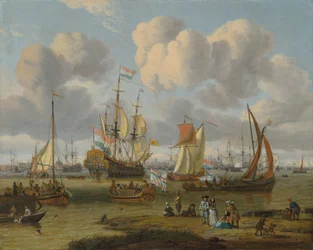 Neerlandês: Schepen op het IJ voor Amsterdam Navegação ao largo de Amesterdão com figuras num cais