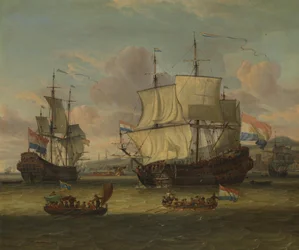 Vendedores ambulantes holandeses junto a um porto no Mediterrâneo