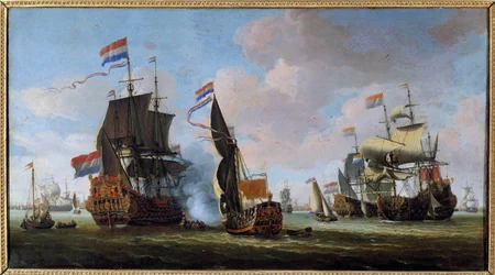 Marine: cena de batalha naval Pintura de Abraham Storck (1635-1710) Angers do século XVII, Museu de Belas Artes