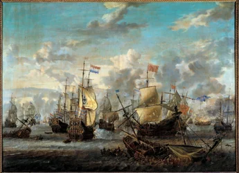 Segunda Guerra Anglo-Neerlandesa: "A Batalha dos Quatro Dias de 11 a 14/06/1666" Ela opôs-se às frotas holandesas e aos ingleses. Pintura de Abraham Storck (1635-1710) (ec.hol.) Paris do século XVII, Musee de la Marine