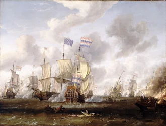 O "Golden Leeuw" contra o "The Royal Prince" na batalha de Texel