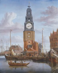 Vista da torre Haringspacker em Amsterdã, com um mostrador de relógio funcionando na pintura, 1684 (painel)