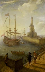Um navio espanhol de três mastros ancorado ao largo da costa de Nápoles (Itália), visto de um cais pavimentado da cidade, em direção ao farol e aos edifícios do porto mediterrânico