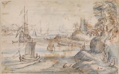 Paisagem costeira com vários navios, uma costa alta com várias figuras