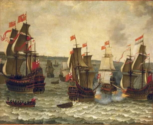 Batalha naval entre navios holandeses e britânicos, episódio da Primeira Guerra Anglo-Holandesa (Anglo-Dutch) 1652-1654. Óleo sobre madeira de Abraham Willaerts (1603-1669).