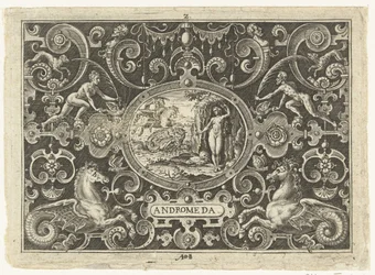 Cartouche: Perseu liberta Andrômeda Cartuchos ovais com cenas da vida de Perseu no quadro de grotescos (título da série) Andrômeda (título no objeto)