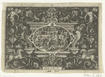 Cartouche: Phineus perturba o casamento de Perseus e Andrómeda
PERSEUS (título sobre o objecto)
Cartuchos ovais com cenas da vida de Perseu emolduradas por grotescos (título da série)