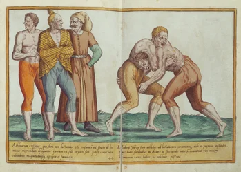 Turcos lutando, trajes do século XVI de Omnium Poene Gentium Imagines, publicado em Colônia, 1577 (gravura colorida à mão)