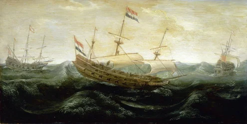 Um navio holandês a navegar num mar muito turbulento, viajando com velas reduzidas, em que o vento se precipita. Óleo sobre cobre, cerca de 1625, de Abraham de Verwer (cerca de 1585-1650).