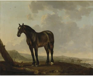 Retrato de um cavalo castanho numa paisagem