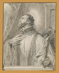 Busto de um santo com crucifixo na mão esquerda