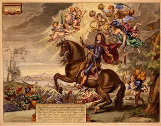 Charles II com uma dedicação em francês, com a Old London Bridge ao fundo, de The Method e New Invention of Dressing Horses por William Cavendish, publicado em 1737 (2nd edn) (aquatint)