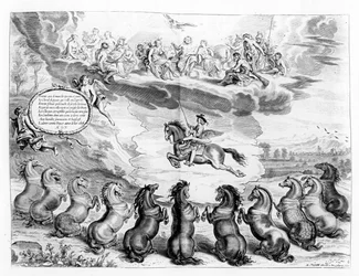O marquês de Newcastle montando em Pégaso diante de uma assembléia de deuses gregos e recebendo as saudações de cavalos terrestres, ilustração de um manual de equitação pelo marquês de Newcastle, publicado