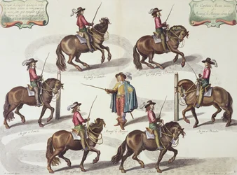 O Marquês de Newcastle, dando ao capitão Mazin uma aula de equitação, prato 15 do método e da nova invenção dos cavalos de vestir de William Cavendish (1592-1676) Marquês de Newcastle, gravado por Lucas Vo