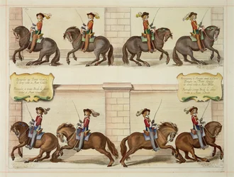 O Marquês de Newcastle a Cavalo Demonstrando Passos de Adestramento, prato 22 de "O Método e a Nova Invenção dos Cavalos de Vestir" de William Cavendish (1592-1676) Marquês de Newcastle, gravado por T