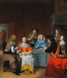 Interior com cartas de baralho de sociedade elegante, década de 1660.