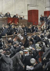 Uma sessão tempestuosa na Câmara dos Deputados italiana durante um debate sobre o orçamento. A deputada Chiesa suspende a votação, atirando a urna. "La Domenica del Corriere"