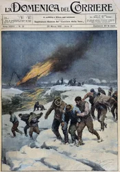 Após a explosão do baleeiro "Viking", a trágica marcha da tripulação em busca de resgate: este barco (no fundo em chamas) levou uma expedição cinematográfica - dess. por A. Beltrame em "la Domenica del Corriere" de 29/03/1931