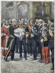 Alfonso XIII (1886-1941), Rei de Espanha na cerimônia de apresentação de seu filho Alfonso (1907-1938), Conde de Covadonga, Príncipe das Astúrias. Desenho de Achille Beltrame. de 1907.