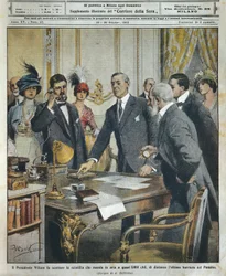 O presidente americano Woodrow Wilson aciona telegraficamente a detonação que demoliu a última barreira do Canal do Panamá a 6000 quilómetros de distância, de La Domenica del Corriere