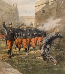 Morte do anarquista Francesco Ferrer por fuzilamento na prisão de Barcelona, por Achille Beltrame, ilustração, ilustrador Achille Beltrame (1871-1945), de La Domenica del Corriere, outubro de 1909
